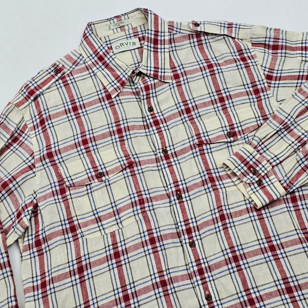 Orvis‎ Linen Button Down Shirt Mens XXL Cream Red Plaid Epaulets Safari Heritage